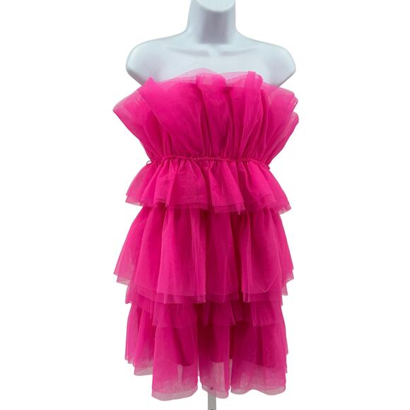 Thirty Thirty Strapless Ruffle Tulle Mini Dress WMNS L Hot Pink Tiered Slim Fit - Picture 1 of 11